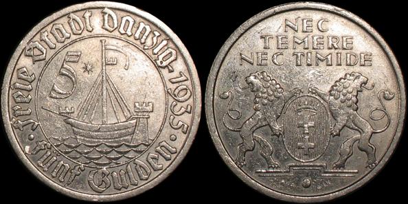 Wolne Miasto Gdańsk, 5 Guldenów 1935, Koga