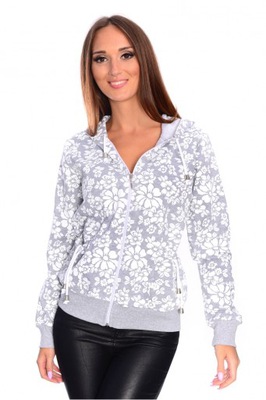 Bluza 3372-1 KAPTUR ROZPINANA KWIATY SZARY S/M