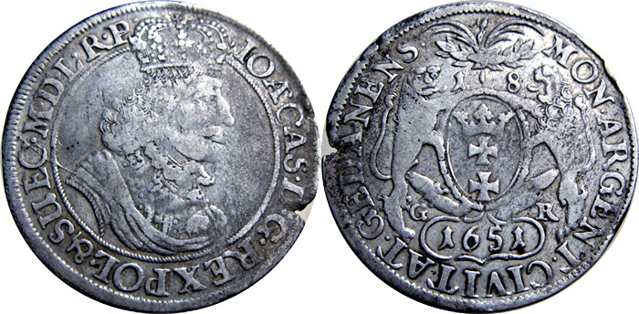 Ort 1651, Gdańsk, bez obwódek na rewersie. R8