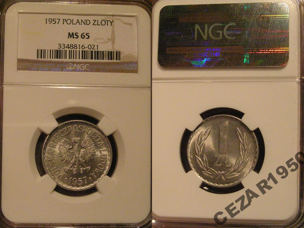 1 ZŁOTY 1957r. NGC MS-65 WYSOKA NOTA