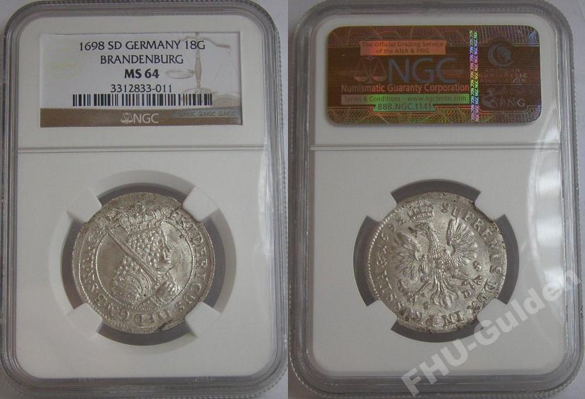 Prusy ort Królewiec 1698 SD - NGC MS64 - RRR -