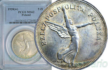 5 zł Piłsudski 1928 NIKE, mennicze, PCGS MS62