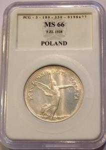 5 ZŁ NIKE 1928 ZNAK MENNICY GRADING MAX MS66 IDEAŁ