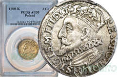 Zygmunt III Trojak 1600 K, głowa w lewo, PCGS AU55