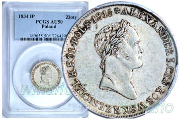 XIX w., 1 złoty 1834 IP, Mikołaj I, PCGS AU50