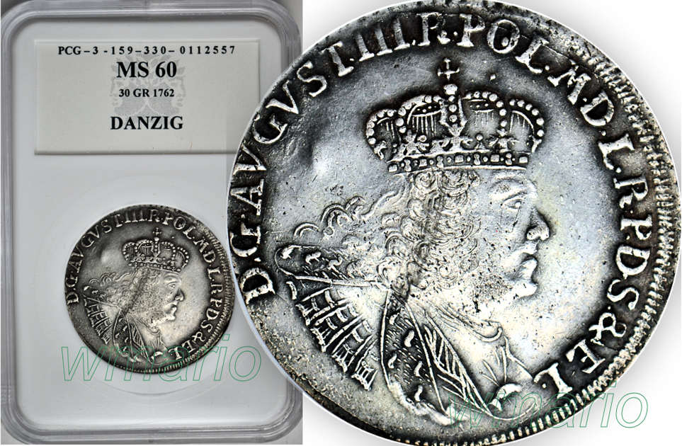 August III, 30 GROSZY GDAŃSK1762, R3, MS60