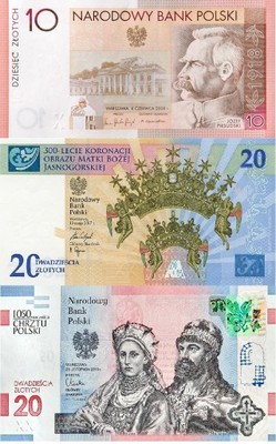 3x banknot Chrztu Polski + Koronacja + Piłsudski