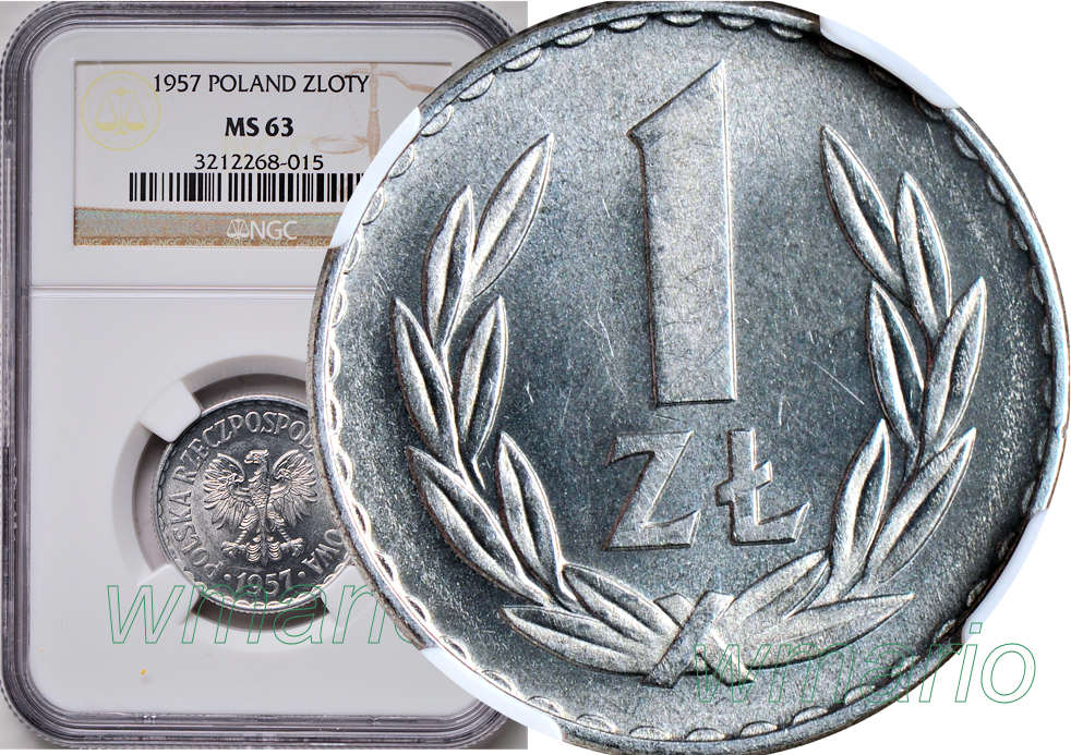 1 złoty 1957 r., NAJRZADSZE, MENNICZE, NGC MS63