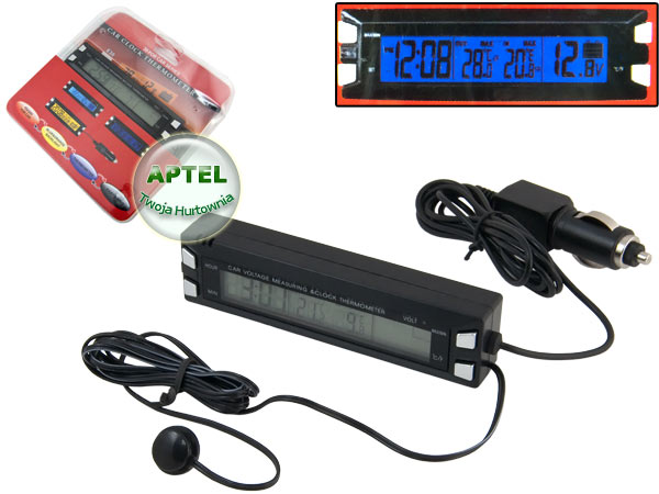 AG97 TERMOMETR SAMOCHODOWY ZEGAREK WOLTOMIERZ 3w1