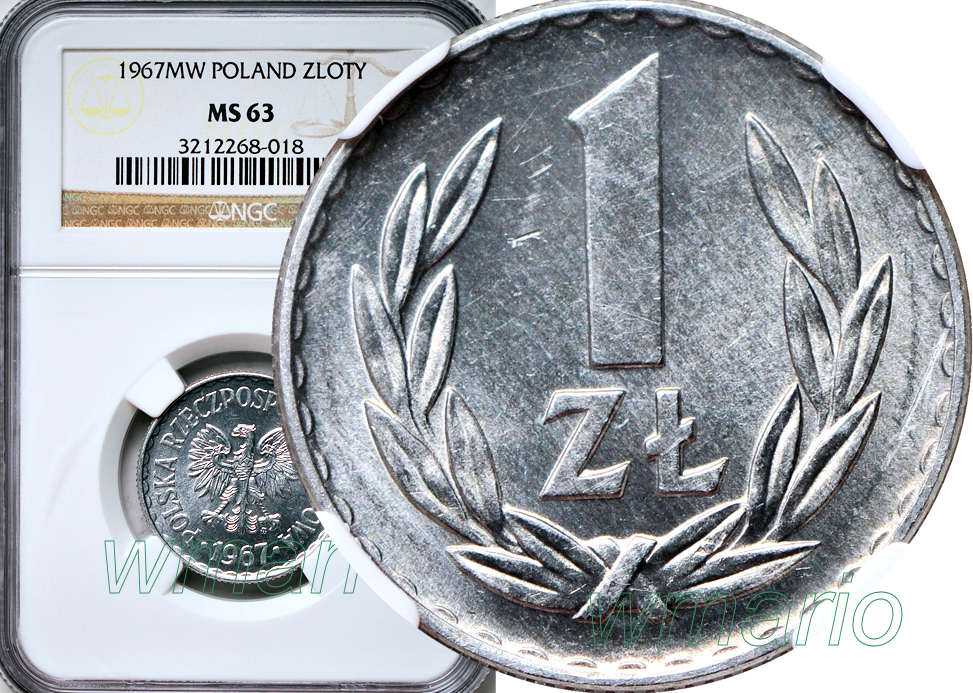 1 złoty 1967 r., b. rzadkie, MENNICZE, NGC MS63