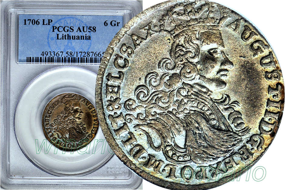 SZÓSTAK 1706 Ludu Płacz, rzadki, Grodno, PCGS AU58