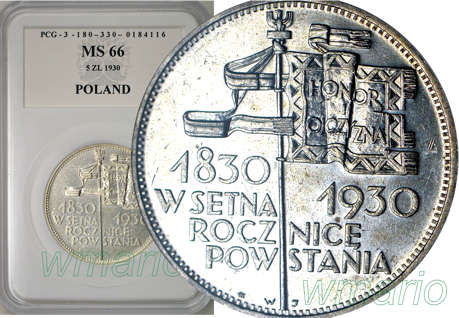 5 zł 1930, SZTANDAR, mennicze, WSPANIAŁE, MS66