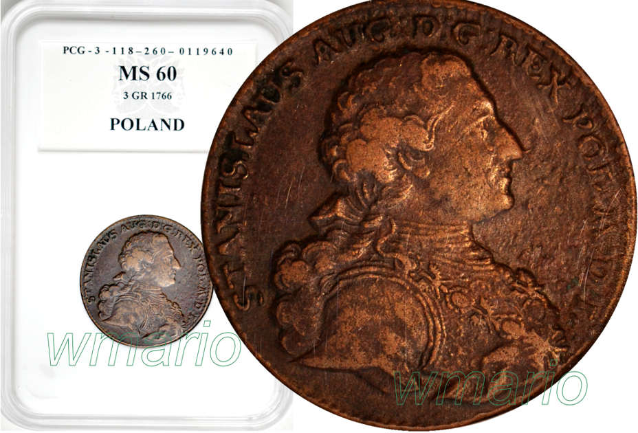 S. A. Poniatowski, trojak w zbroi 1766, MS60