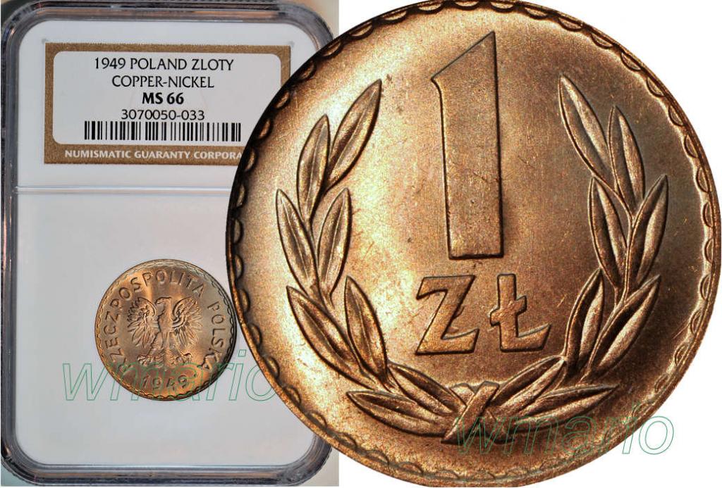 1 zł 1949 MN, NAJWYŻSZA NOTA z NGC MS66