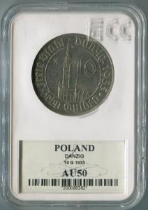 Wolne Miasto Gdańsk 10 Guldenów 1935 grading AU50